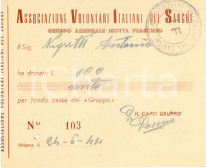 Documento originale, autentico 1944 MILANO RSI AVIS Gruppo aziendale ISOTTA FRASCHINI Ricevuta 1