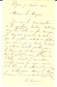 Autografo originale 1880 DIJON La France est la soeur de l Italie Autographe Raymond DUMAS 1