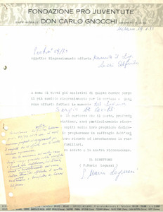Manoscritto, lettera originale 1973 MILANO Fondazione DON CARLO GNOCCHI Lettera padre Mario LAGUZZI Autografo 1