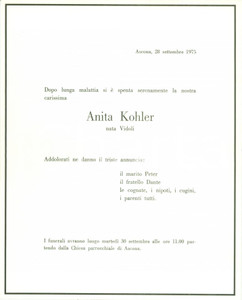 Oggetto da collezione cartaceo 1975 ASCONA SVIZZERA Anita KOHLER nata VIDOLI In Memoriam Santino 1