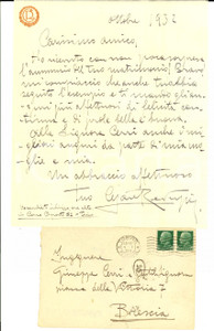 Manoscritto, lettera originale 1932 TORINO Felicitazioni Cesare REDUZZI all ing. Giuseppe CERRI Lettera 1