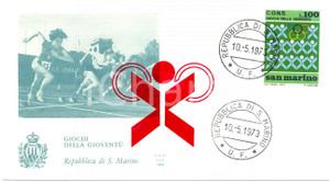 Materiale pubblicitario d’epoca 1973 REPUBBLICA SAN MARINO Giochi della Gioventu  con annullo BUSTA PRIMO GIORNO 1