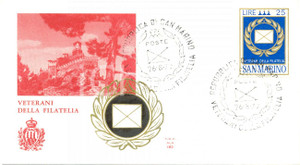 Materiale pubblicitario d’epoca 1977 REPUBBLICA SAN MARINO Veterani della filatelia annullo BUSTA PRIMO GIORNO 1