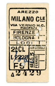Documento originale, autentico 1950 AREZZO FF. SS. Biglietto ferroviario per MILANO CENTRALE via VERNIO 1