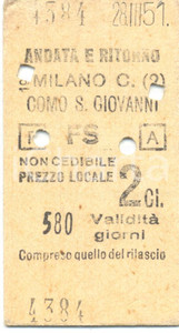 Documento originale, autentico 1951 MILANO CENTRALE FF. SS. Biglietto ferroviario per COMO SAN GIOVANNI 1