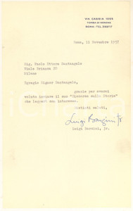 Autografo originale 1957 ROMA Luigi BARZINI junior ringrazia per invio volumi AUTOGRAFO 1