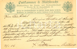 Cartolina originale da collezione 1906 BERLIN Libreria PUTTKAMMER & MUHLBRECHT fornisce informazioni su un libro 1