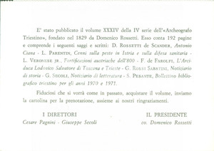 Cartolina originale da collezione 1974 TRIESTE Società di Minerva annuncia nuovo Archeografo Triestino Cartolina 1