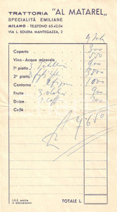 Materiale pubblicitario d’epoca 1965 ca MILANO Trattoria AL MATAREL Specialità emiliane Ricevuta 1