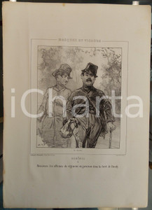 Stampa, bozzetto originale 1853 Paul GAVARNI Masques et visagesBohèmes Tav. 8 Garnison dans forêt de BONDY 1