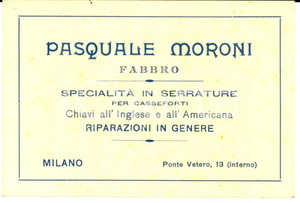 Cartolina originale da collezione 1920 ca MILANO Pasquale MORONI fabbro  Serrature casseforti Cartoncino 1