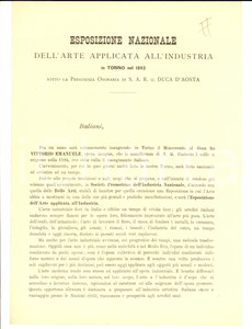Documento originale, autentico 1891 TORINO Invito Esposizione Nazionale ARTE APPLICATA e Comitato Promotore 1