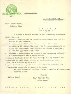Documento originale, autentico 1954 ROMA Mandato NINFA SILVANIA FILM ad ALFREDO LONGO per documentari 1