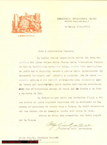 Autografo originale 1940 MILANO Biblioteca Ambrosiana  Lettera mons. Giovanni Galbiati AUTOGRAFO 1