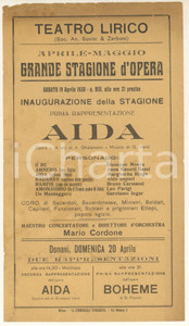 Materiale pubblicitario d’epoca 1930 MILANO Inaugurazione stagione Teatro Lirico - Aida *Volantino 1
