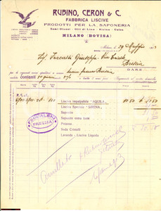 Documento originale, autentico 1913 MILANO BOVISA Liscive e saponi RUBINO, CERON & C.  Fattura 1