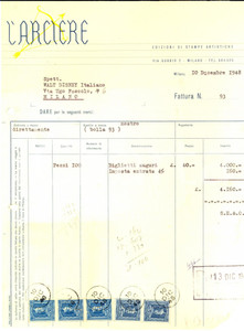 Documento originale, autentico 1948 MILANO L ARCIERE Edizioni di stampe artistiche Fattura intestata 1