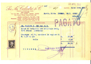 Documento originale, autentico 1943 MILANO corso Roma  SocietÃ  Anonima CELESTRI & C.  Fattura per trasporto 1