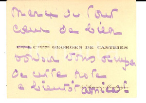 Autografo originale 1920 ca Carte de visite Bertrande de SALIGNACFENELON DE CASTRIES Autographe 1