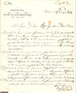 Documento originale, autentico 1850 CASCINA DI SOTTO LO Lavori a un ponte Casa Ducale LITTA  Lettera 1