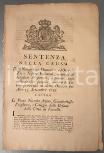 Documento originale, autentico 1765 VERCELLI Ottavio PILLATONI vs prete Nicola ARSINO e Collegio delle Orfane 1