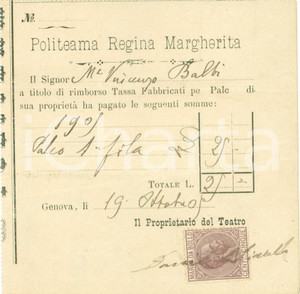 Documento originale, autentico 1905 GENOVA Rimborso palco Politeama REGINA MARGHERITA Marchese Vincenzo BALBI 1