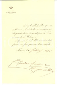 Autografo originale 1928 TORINO Contessa Giulia RADICATI DI BROZOLO  Udienza Adelaide di SAVOIA 1