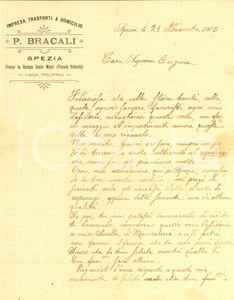 Documento originale, autentico 1903 LA SPEZIA P. BRACALI trasporti a domicilio  Coltivazione di asparagi 1