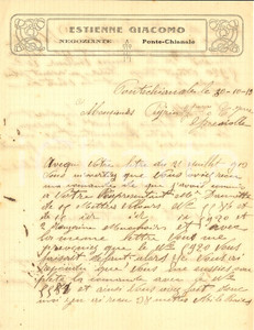 Documento originale, autentico 1919 PONTECHIANALE CN Giacomo ESTIENNE rompe accordo con PEYRIN & CIE Lettera 1