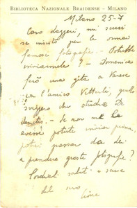 Autografo originale 1939 MILANO BIBLIOTECA BRAIDENSE Domenico CIONE in vacanza con Willy VETTERLI 1