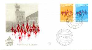 Materiale pubblicitario d’epoca 1972 REPUBBLICA SAN MARINO EUROPA CEPT con annullo filatelico BUSTA PRIMO GIORNO 1