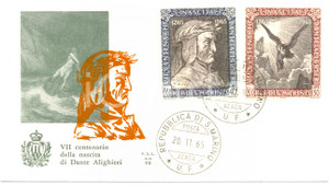 Materiale pubblicitario d’epoca 1965 REPUBBLICA SAN MARINO VII CENTENARIO DANTE con annullo BUSTA PRIMO GIORNO 1