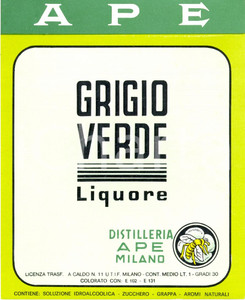 Materiale pubblicitario d’epoca 1970 ca MILANO APE Liquore GRIGIO VERDE Liquore ETICHETTA ILLUSTRATA simbolo 1