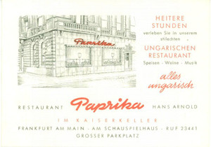 Materiale pubblicitario d’epoca 1961 FRANKFURT AM MAIN Ristorante ungherese PAPRIKA Hans ARNOLD Calendario 1