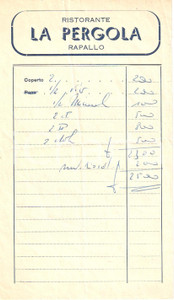 Materiale pubblicitario d’epoca 1965 circa RAPALLO GE Ristorante LA PERGOLA Ricevuta 1