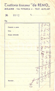 Materiale pubblicitario d’epoca 1967 MILANO Trattoria toscana da Remo Ricevuta 1