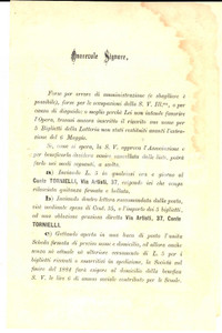 Documento originale, autentico 1884 TORINO Volantino acquisto lotteria pro scuole SAN CARLO per gli operai 2 1