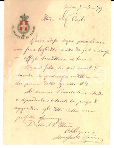 Autografo originale 1879 TORINO Prefetto Giovanni MINGHELLI VAINI concede appuntamento AUTOGRAFO 1