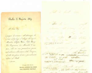 Manoscritto, lettera originale 1869 TORINO Ballo di società nobile Alfredo SOLARI DEL BORGO Invito manoscritto 1