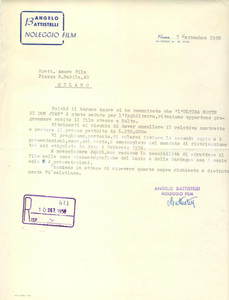 Documento originale, autentico 1956 ROMA Angelo BATTISTELLI Noleggio film programma distribuzione a Malta 1