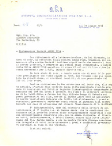 Manoscritto, lettera originale 1958 ROMA Società ACI interviene su fallimento AMORE FILM casa cinematografica 1