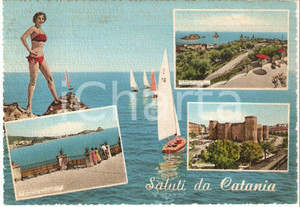 Cartolina originale da collezione 1961 CATANIA Pin-up sugli scogli e vedutine della città *Cartolina FG VG 1