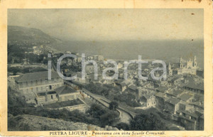 Cartolina originale da collezione 1930 ca PIETRA LIGURE SV Panorama con vista scuole comunali DANNEGGIATA FP VG 1