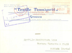 Cartolina originale da collezione 1959 GENOVA Trasporti Internazionali TEXTILE TRANSPORT Cartolina commerciale FG 1