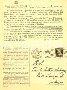 Cartolina originale da collezione 1936 ROMA ACCADEMIA D ITALIA Premi d incoraggiamento 1937 Cartolina FG VG 1