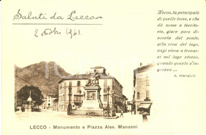 Cartolina originale da collezione 1941 LECCO Monumento e piazza ALESSANDRO MANZONI FP NV DANNEGGIATA 1