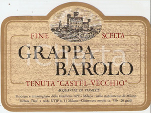 Materiale pubblicitario d’epoca 1970 ca MILANO Distilleria APE Tenuta CASTEL VECCHIO Grappa Barolo *Etichetta 1