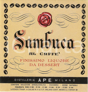 Materiale pubblicitario d’epoca 1970 ca MILANO Distilleria APE Liquore da dessert SAMBUCA Etichetta 1