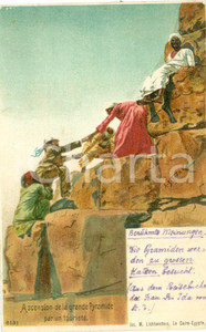 Cartolina originale da collezione 1900 ca IL CAIRO EGITTO Ascension de la grande Pyramide par un touriste ILLUS. 1