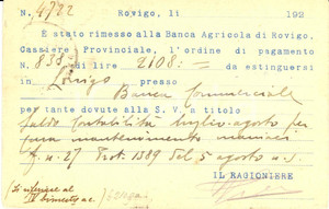 1925 ROVIGO Amministrazione provinciale a Congregazione Carità *INTESTATA FP VG 